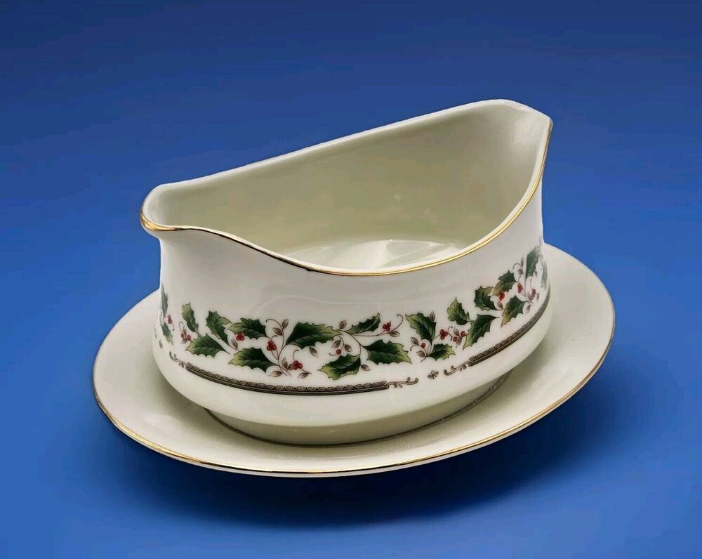 Royal Limited Holly Holiday Gravy Boat Attached Underplate Gold Rim & Holly 1987
